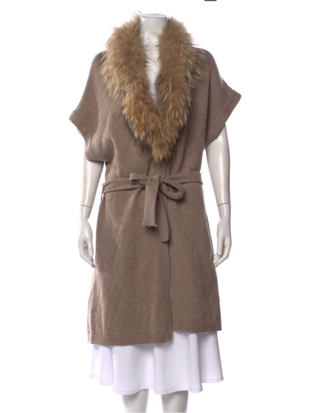 Gerard Darel 100% Cashmere Fur Collar Belted Cardigan Vest Taupe US L